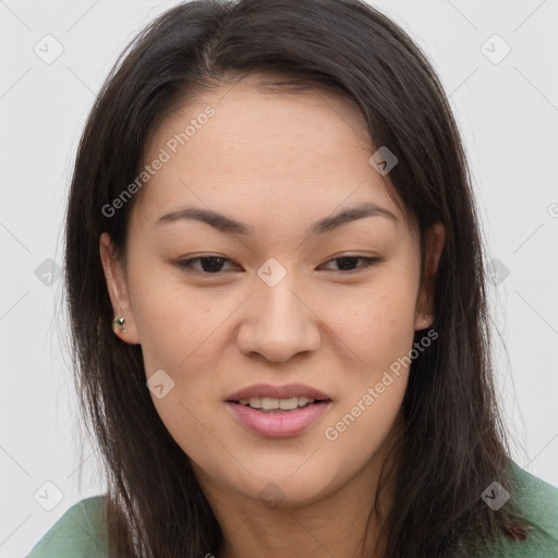 Joyful asian young-adult female with long  brown hair and brown eyes