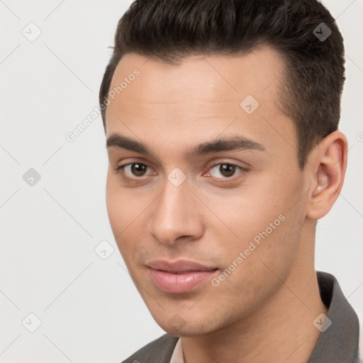 Neutral white young-adult male with short  brown hair and brown eyes