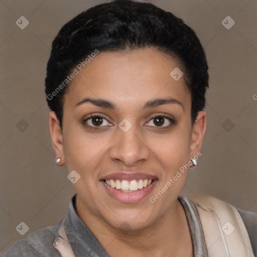 Joyful latino young-adult female with short  black hair and brown eyes