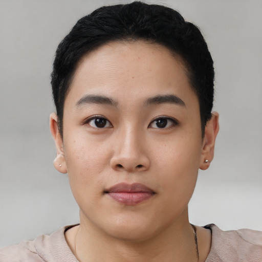 Neutral asian young-adult female with short  black hair and brown eyes