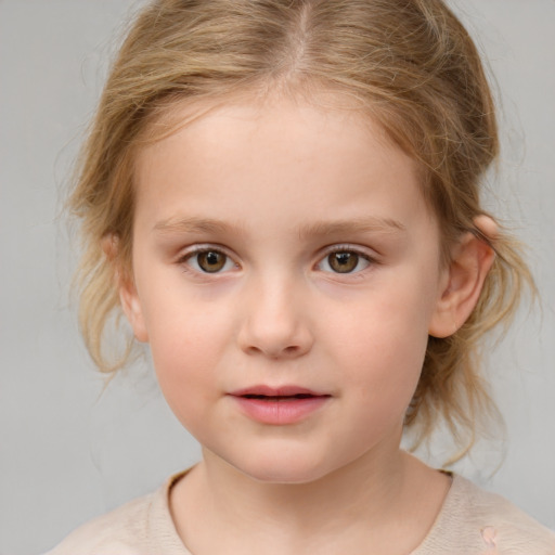 Neutral white child female with medium  brown hair and grey eyes