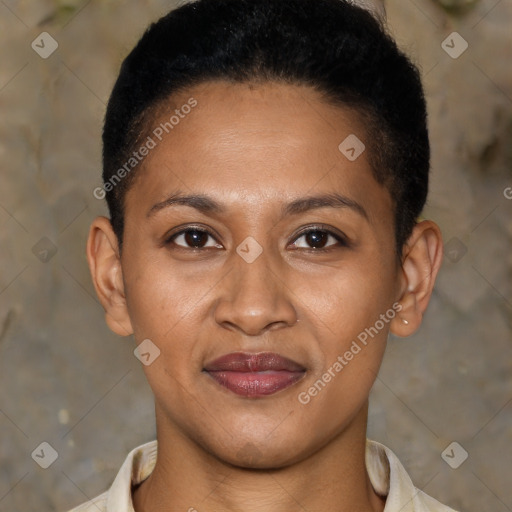 Joyful latino young-adult female with short  brown hair and brown eyes