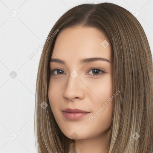 Neutral white young-adult female with long  brown hair and brown eyes