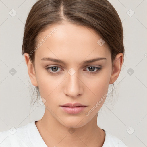 Neutral white young-adult female with medium  brown hair and brown eyes