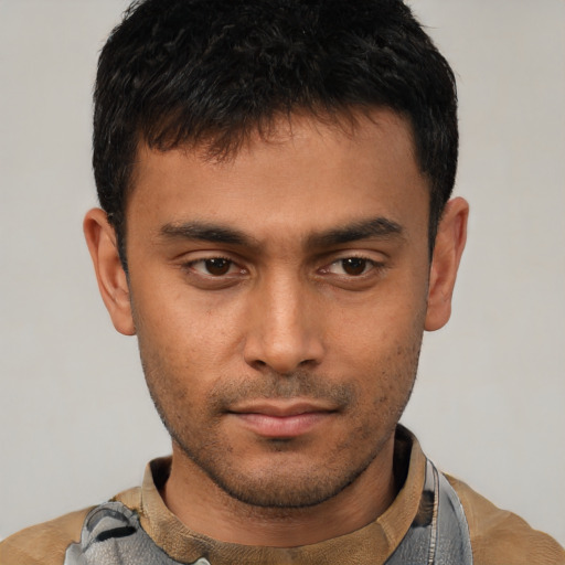 Neutral latino young-adult male with short  brown hair and brown eyes