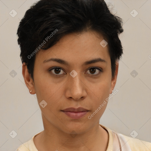 Neutral asian young-adult female with short  brown hair and brown eyes