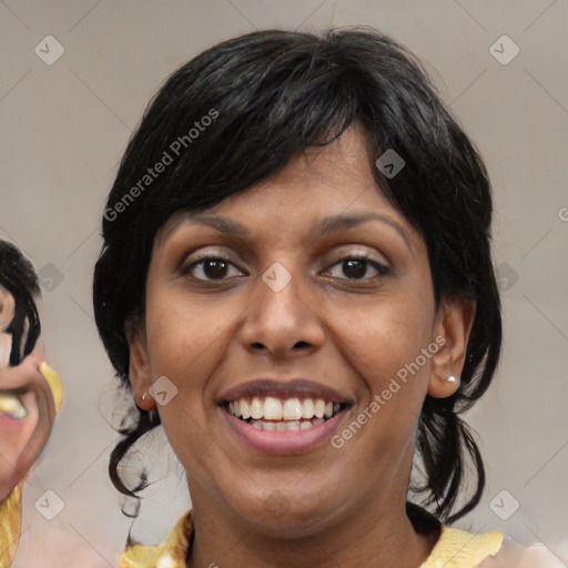 Joyful latino young-adult female with medium  brown hair and brown eyes