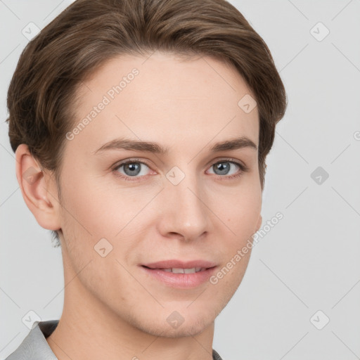 Joyful white young-adult female with short  brown hair and grey eyes