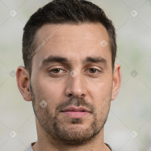 Neutral white young-adult male with short  brown hair and brown eyes