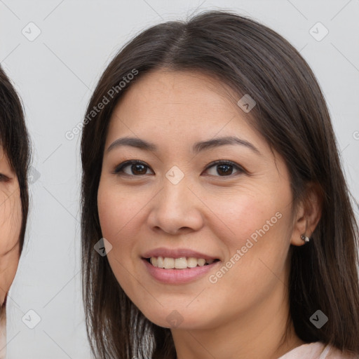 Joyful white young-adult female with medium  brown hair and brown eyes