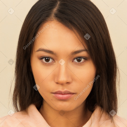 Neutral white young-adult female with medium  brown hair and brown eyes