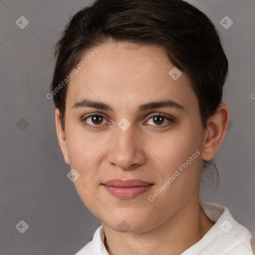 Joyful white young-adult female with short  brown hair and brown eyes