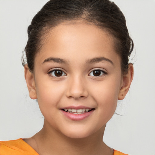 Joyful white child female with medium  brown hair and brown eyes