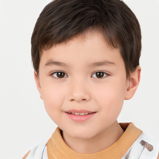 Joyful white child male with short  brown hair and brown eyes