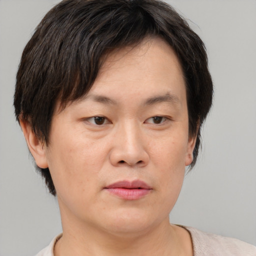 Neutral white adult female with short  brown hair and brown eyes