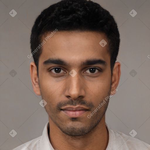 Neutral latino young-adult male with short  black hair and brown eyes