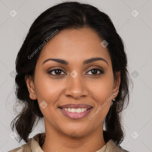 Joyful latino young-adult female with medium  brown hair and brown eyes