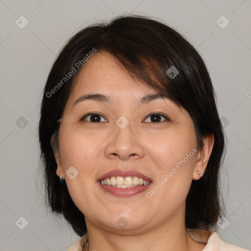 Joyful white young-adult female with medium  brown hair and brown eyes