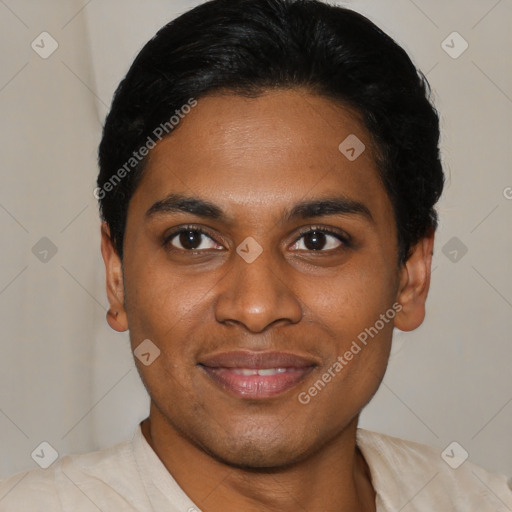 Joyful latino young-adult male with short  black hair and brown eyes