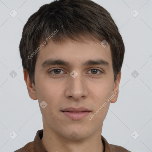 Neutral white young-adult male with short  brown hair and brown eyes