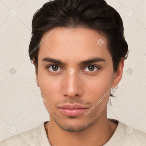 Neutral white young-adult male with short  brown hair and brown eyes