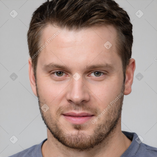 Neutral white young-adult male with short  brown hair and grey eyes