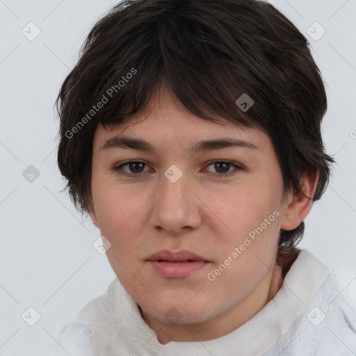 Neutral white young-adult female with medium  brown hair and brown eyes