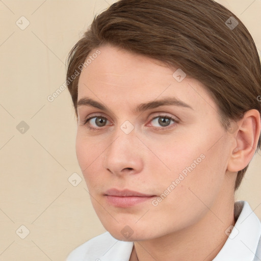 Neutral white young-adult female with short  brown hair and grey eyes