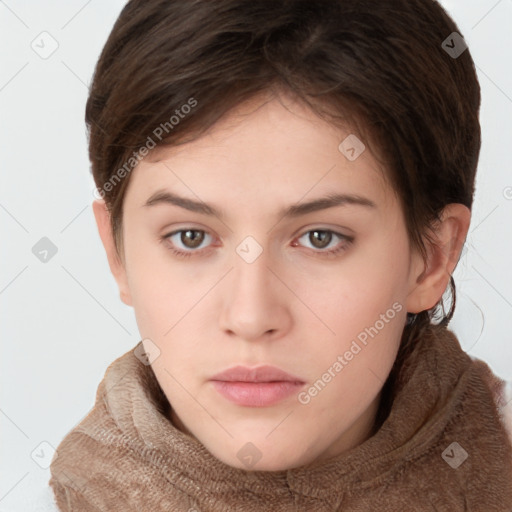 Neutral white young-adult female with short  brown hair and brown eyes