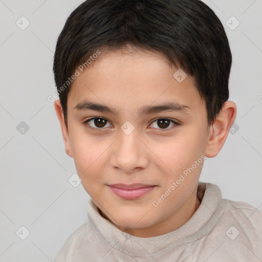 Joyful white child male with short  brown hair and brown eyes