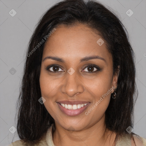 Joyful black young-adult female with medium  brown hair and brown eyes