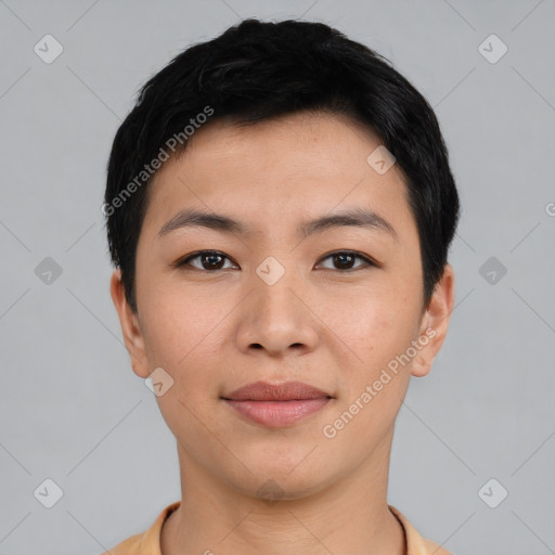 Joyful asian young-adult female with short  black hair and brown eyes