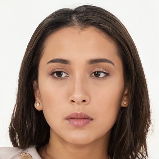 Neutral asian young-adult female with long  brown hair and brown eyes