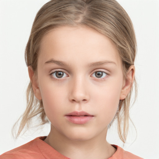 Neutral white child female with medium  brown hair and grey eyes