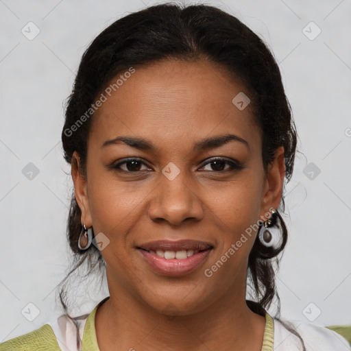 Joyful black young-adult female with medium  brown hair and brown eyes