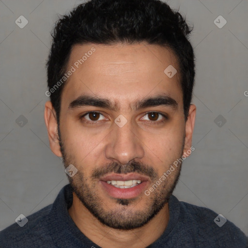 Joyful white young-adult male with short  black hair and brown eyes