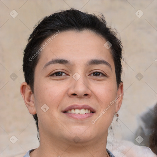 Joyful white young-adult female with short  brown hair and brown eyes