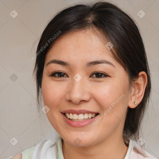 Joyful white young-adult female with medium  brown hair and brown eyes