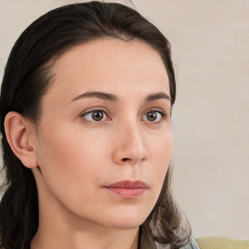 Neutral white young-adult female with medium  brown hair and brown eyes