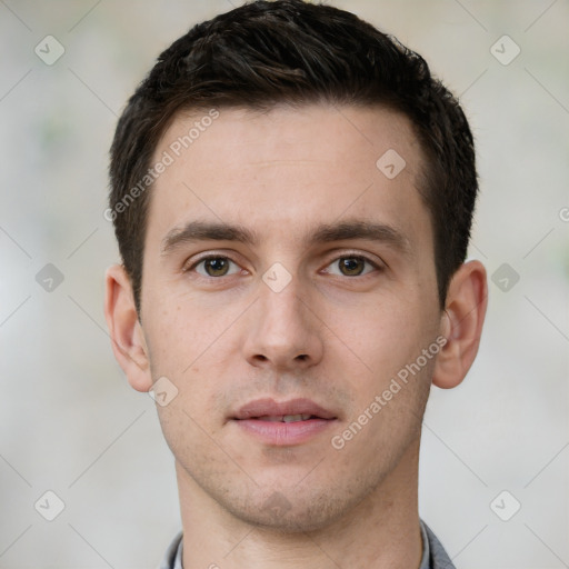 Neutral white young-adult male with short  brown hair and brown eyes