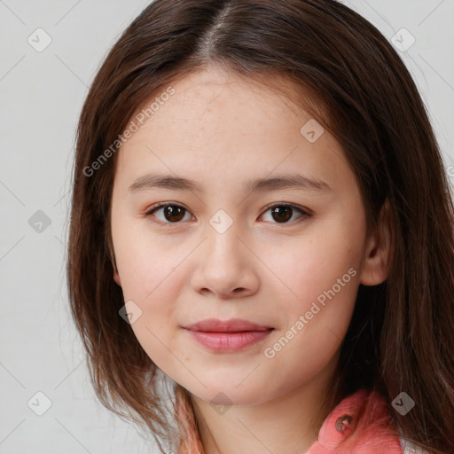 Joyful white child female with medium  brown hair and brown eyes