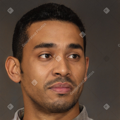 Neutral latino young-adult male with short  brown hair and brown eyes