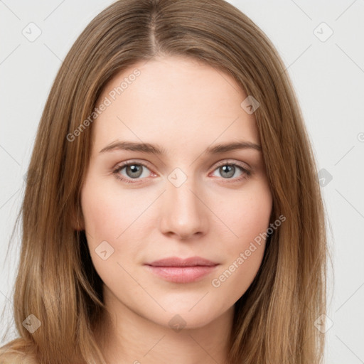 Neutral white young-adult female with long  brown hair and brown eyes