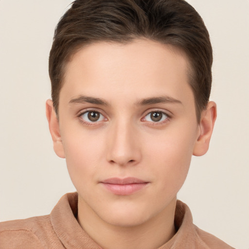 Neutral white young-adult female with short  brown hair and brown eyes