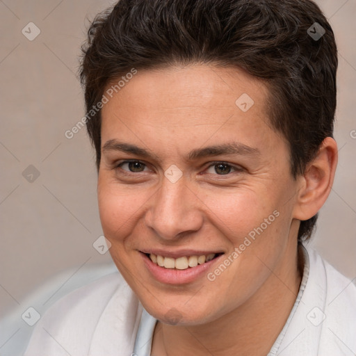 Joyful white young-adult female with short  brown hair and brown eyes