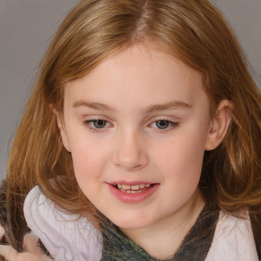 Joyful white child female with medium  brown hair and brown eyes