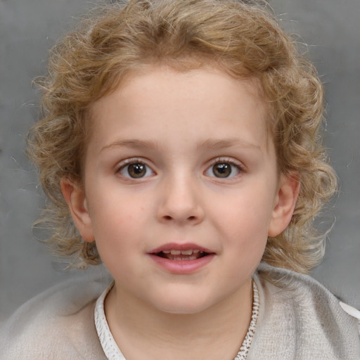 Joyful white child female with medium  brown hair and blue eyes