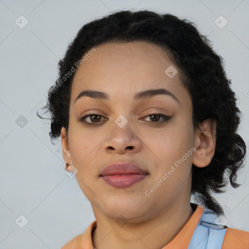 Neutral black young-adult female with medium  brown hair and brown eyes