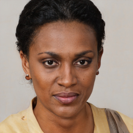 Joyful latino adult female with short  black hair and brown eyes