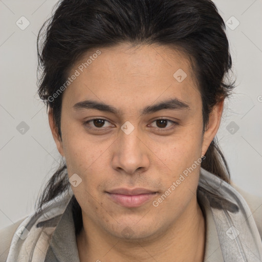 Neutral latino young-adult male with short  brown hair and brown eyes